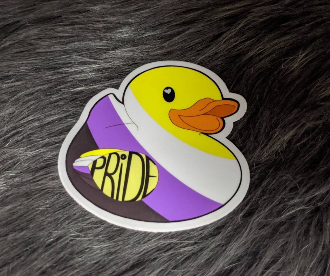 Nonbinary pride duck sticker 3" by Norsewolf Creations