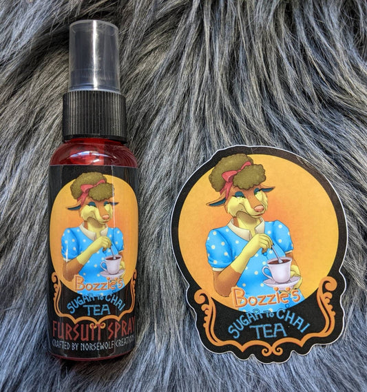 Bozzie's Sugar to Chai Tea Scented Fursuit Spray in 10ml & 50ml + 3" sticker